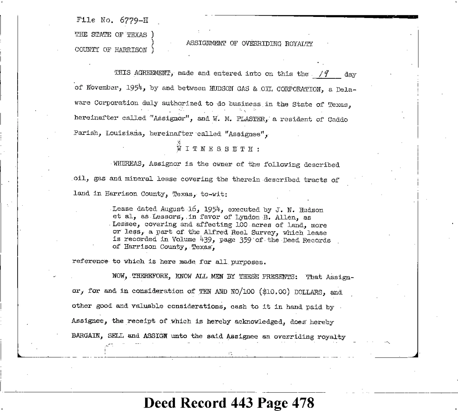 Hudson Gas & Oil Corp - Recorded Assignment Of Royalty Interest (Vol. 443, Page 478)
